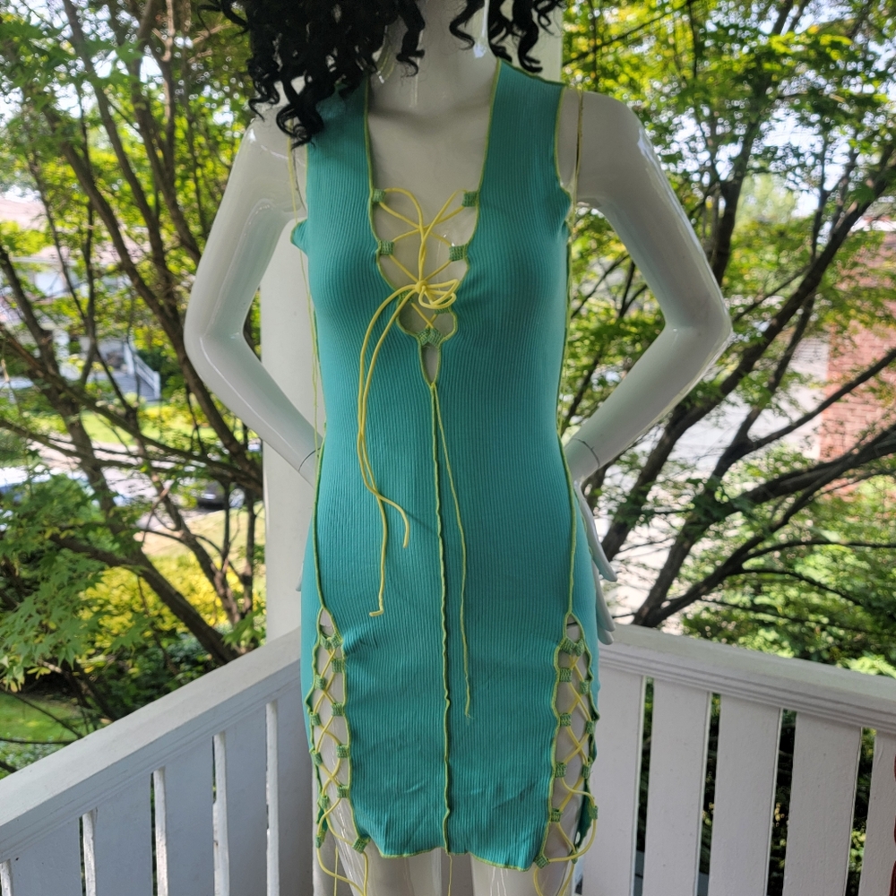 Like-New! Aqua Stretch Lace-Up Dress